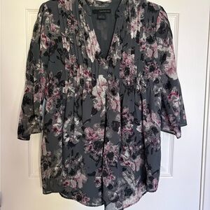 Calvin Klein Jeans Gray Floral V-Neck Blouse with Pink Flowers